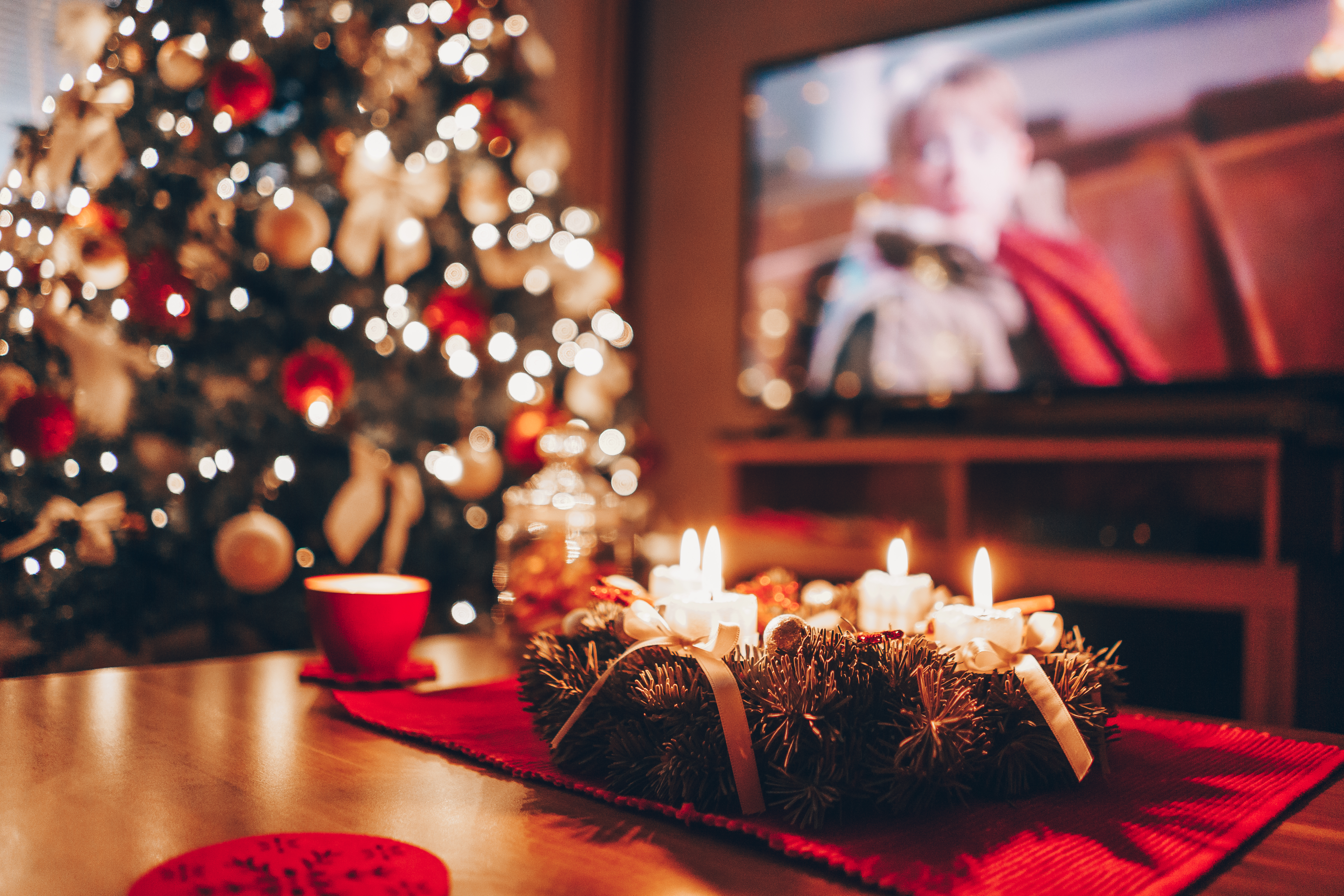 Christmas decoration with tv and tree in background