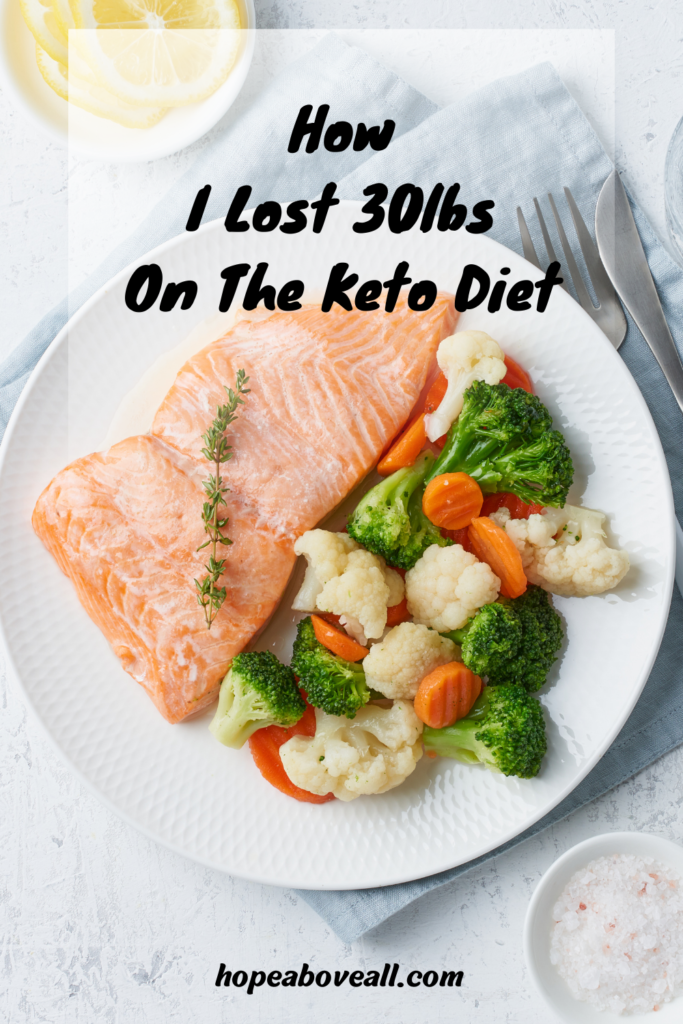 A white plate filled with salmon and vegetables, with a table napkin and silverware to the side and the blog post title:  How I Lost 30lbs On The Keto Diet, at the top of the graphic