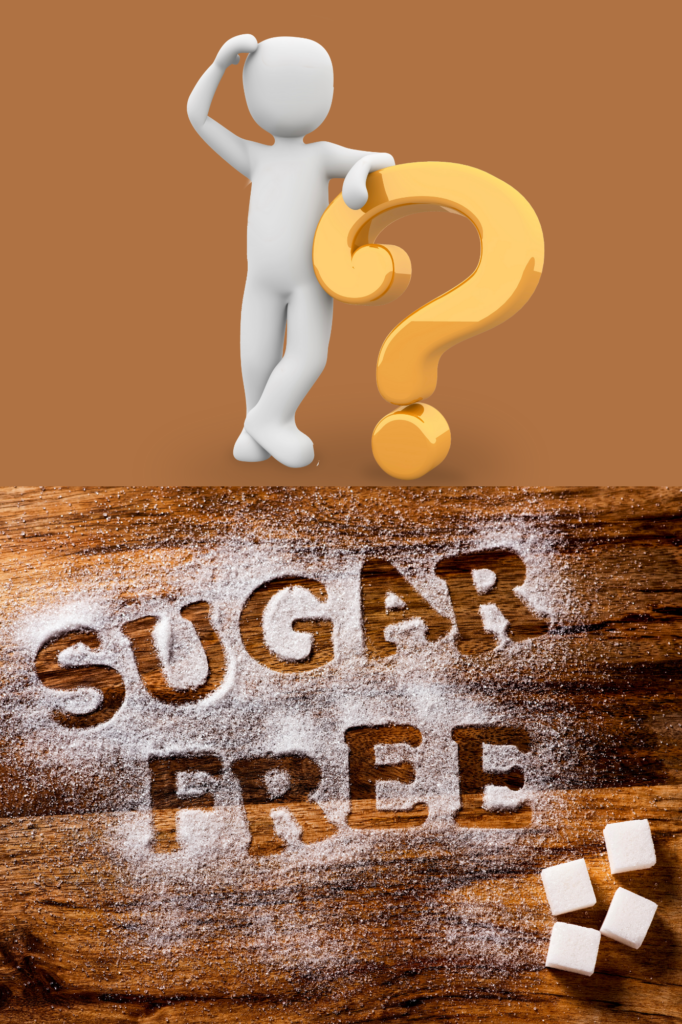 White figurine standing next to a question mark with the words sugar free below