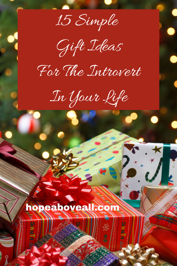 picture with christmas gifts at the bottom and the blog post title: "15 Simple Gift Ideas For The Introvert In Your Life" at the top