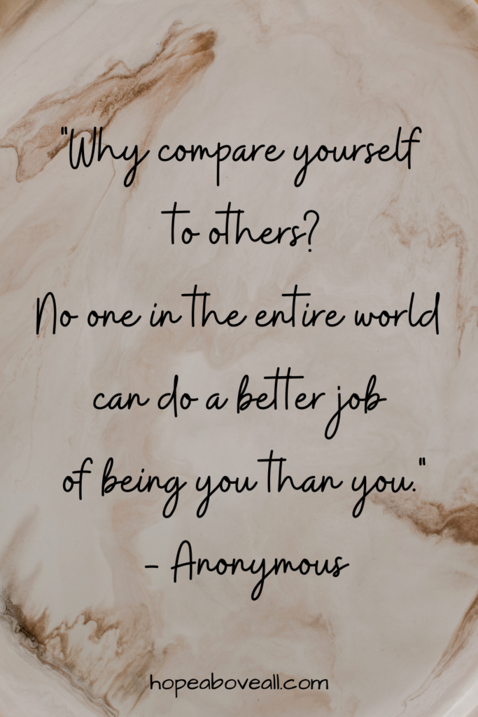 Pin with a motherhood quote about comparison, one of the things that moms struggle with