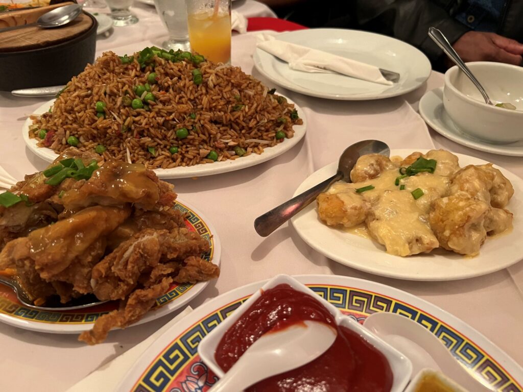 Chinese cuisine at Valpark Chinese Restaurant including fried rice and lemon chicken.