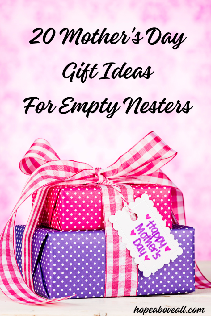 Red and purple dotted paper wrapped presents with red and white gingham bow and pin title: 20 Mother's Day Gift Ideas For Empty Nesters, at the top.