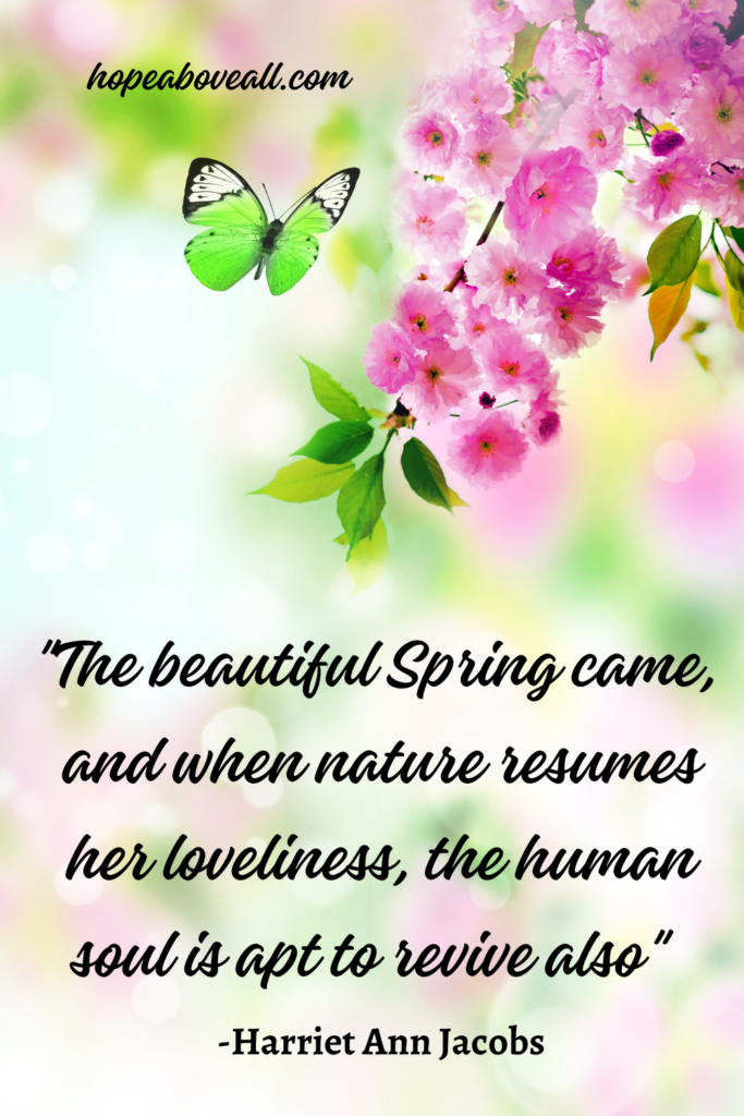 Pink Spring flowers and butterflies with Spring quote at bottom.