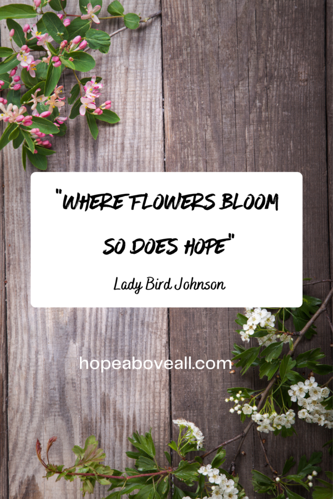 Flowers on a wooden backdrop with spring quote