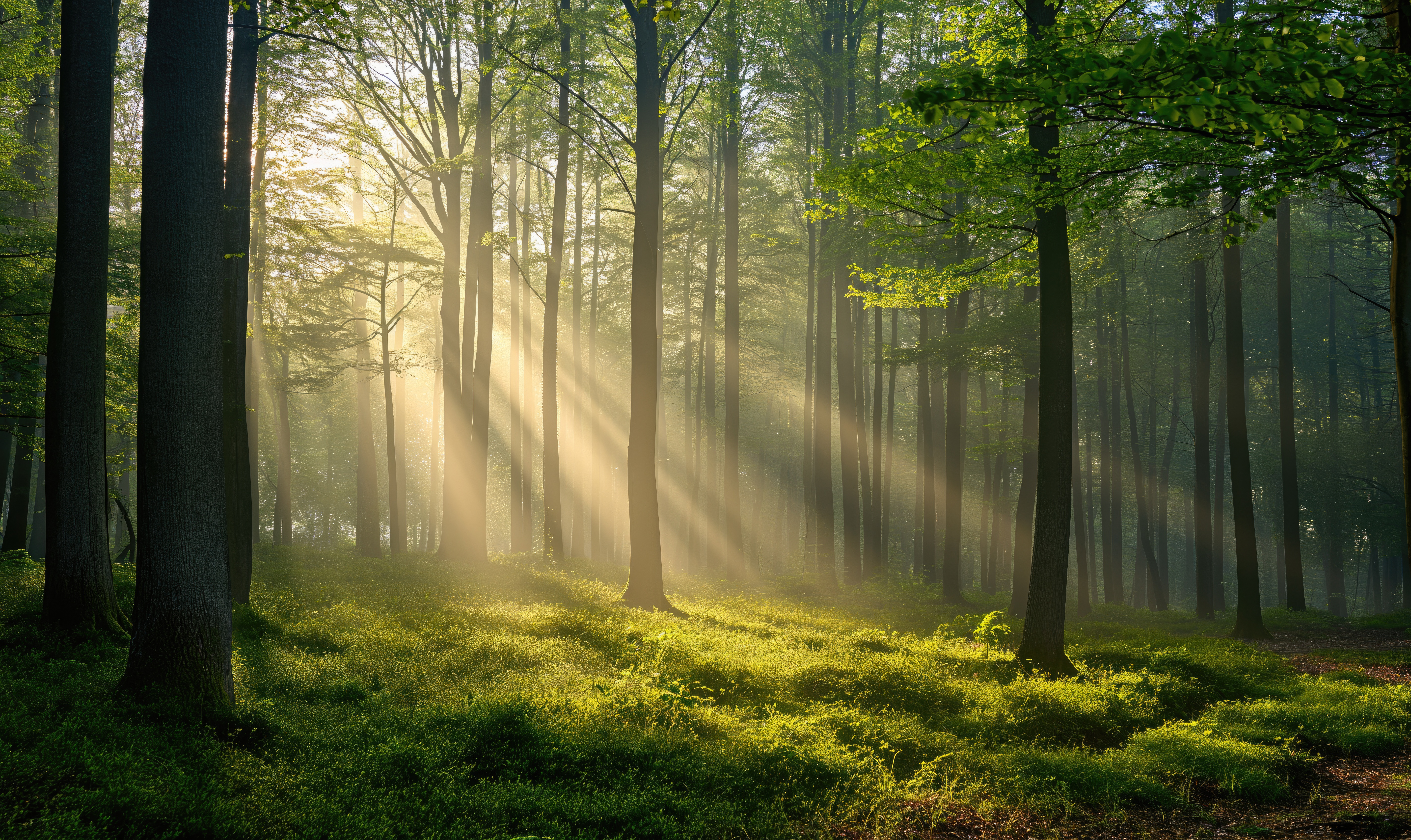 Sun rays filtering through forest branches. The perfect setting for forest bathing, a great idea on the Spring bucket list for introverts.